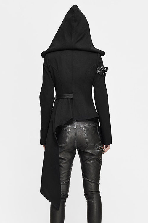 Black Hooded Asymmetrical Zipper Womens Punk Jacket - Product - 3
