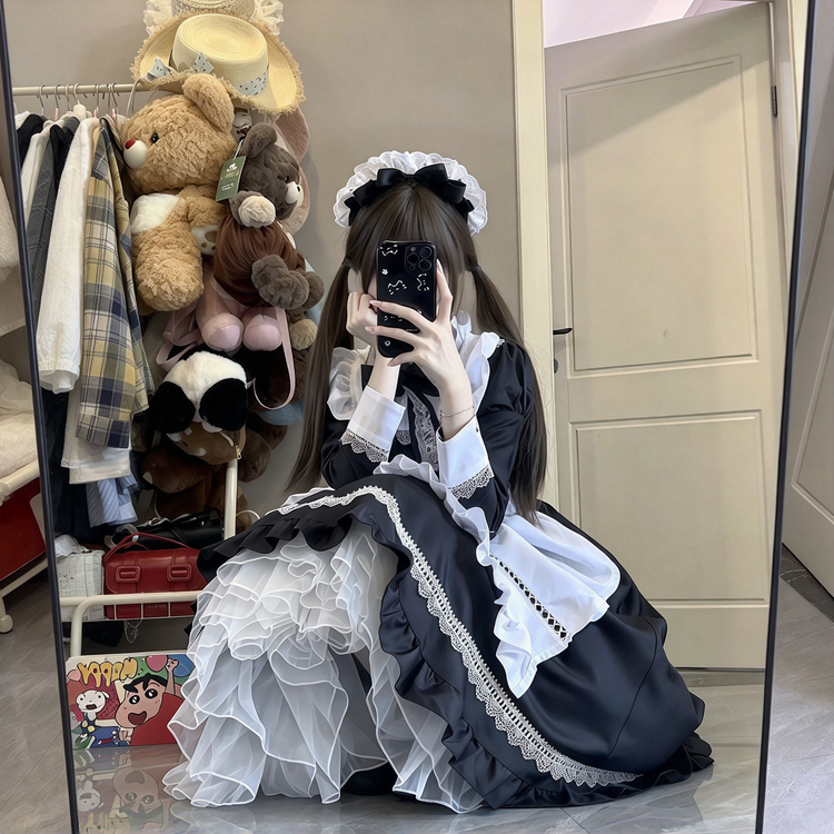 Blue and White Ruffled Maid Lolita Dress with Apron and Bow Accent - view 2