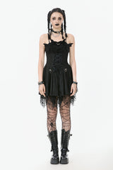 Black Sleeveless Lace Lace-Up Pleated Women's Gothic Dark Demon Slip Dress - Product - 7