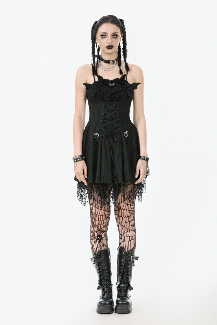 Black Sleeveless Lace Lace-Up Pleated Women's Gothic Dark Demon Slip Dress - Product - 7