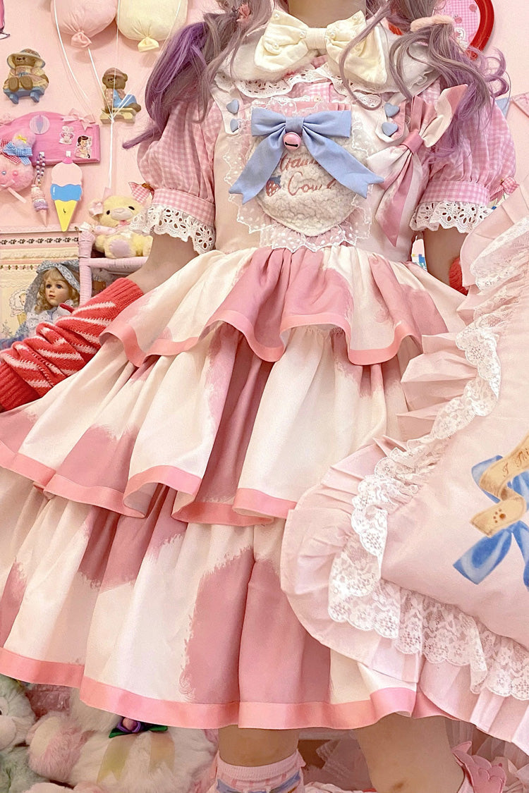 Pink Sleeveless Triple-Layered Cow Print Ruffle Bowknot Sweet Lolita Jsk Dress - Product - 4