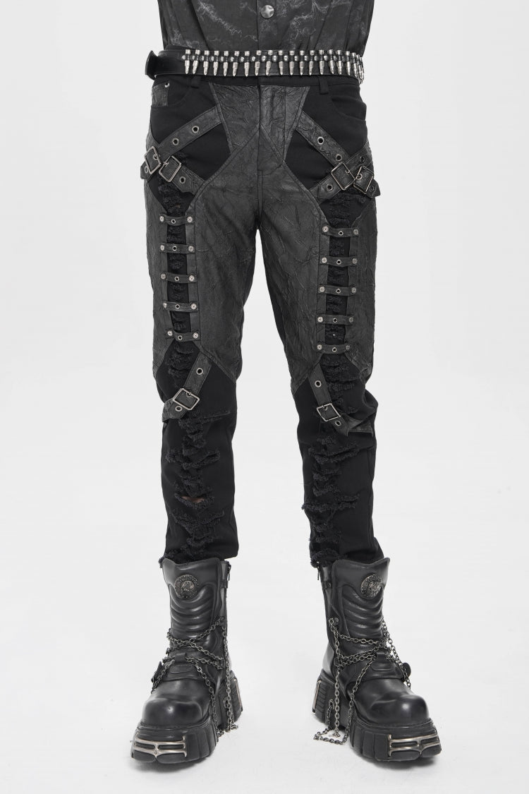 Black Ripped Buckle Straps Men's Punk Pants - Black - 1