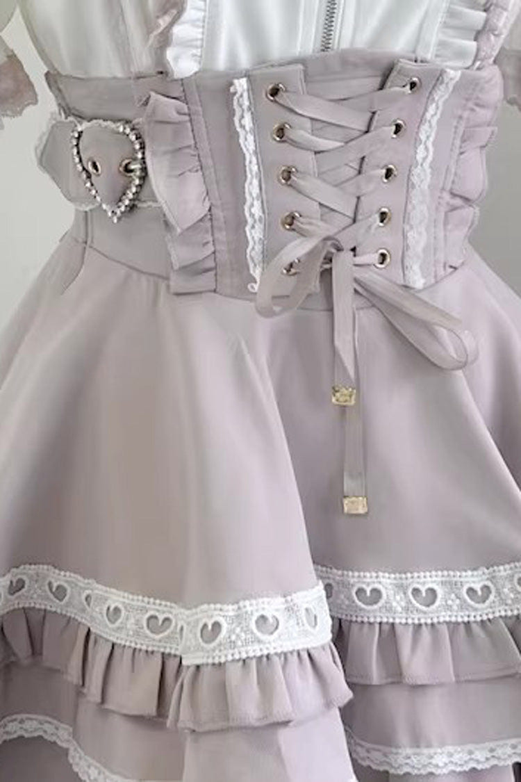Jirai Kei [Heartbeat Buffy] Stand Collar Sleeveless Triple-Layered Ruffled Lace-Up Zippered Sweet Japanese Skirt and Blouse - Pink(Skirt-Only) - 14