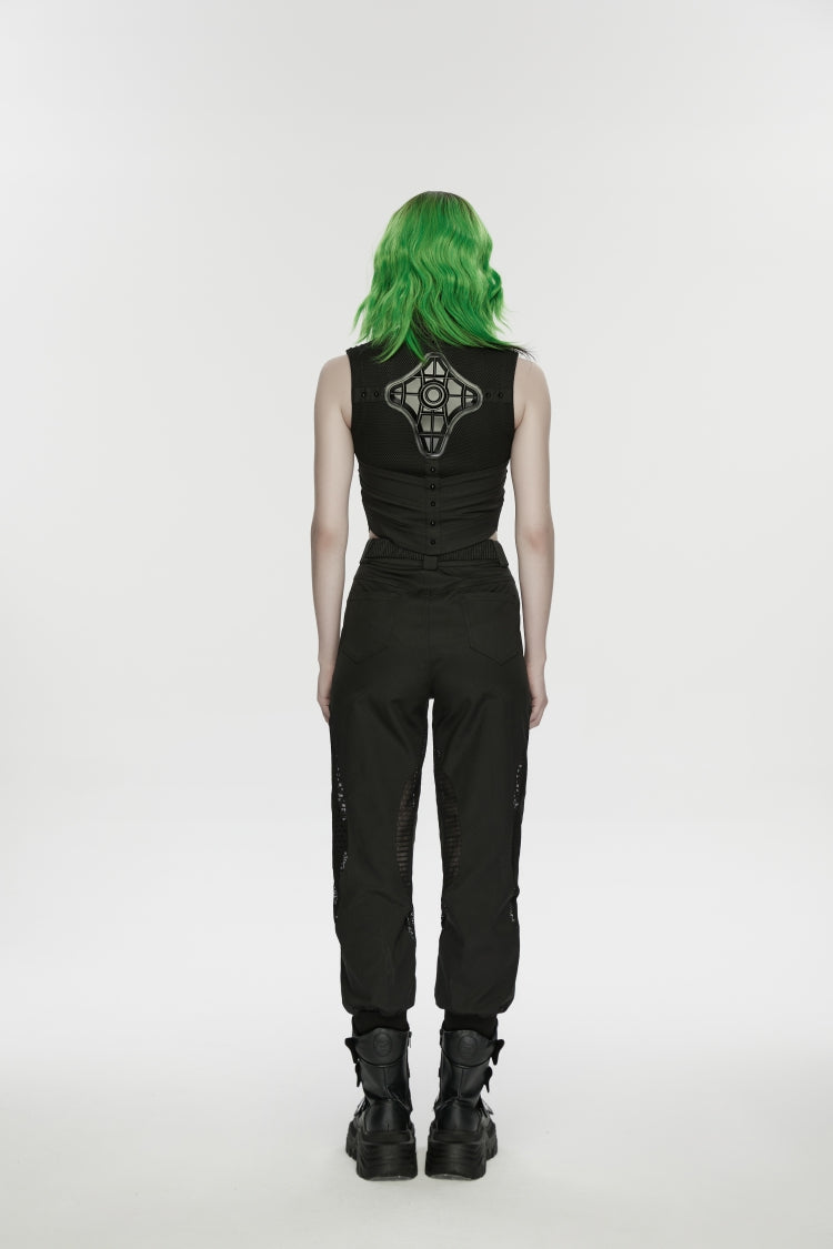 Black Women's Punk Handsome Buckle-up Studded Mesh Cargo Pants - Product - 3