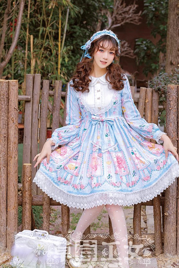 Blueberry Berries Print Long Sleeves Bowknot Sweet Princess Lolita Dress 4 Colors - Product - 3