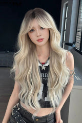 Black/Gold Ombre Sweet Lolita Natural Fluffy Long Big Wavy Wig with Curtain Bangs - Black/Gold - 1