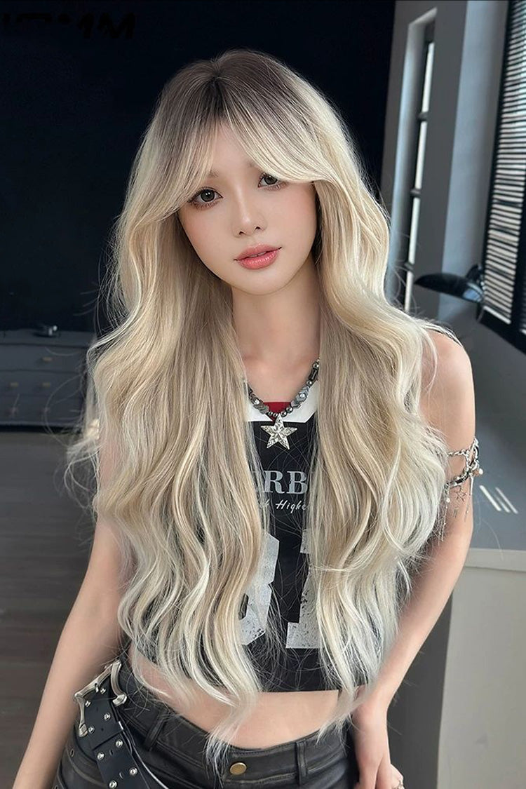 Black/Gold Ombre Sweet Lolita Natural Fluffy Long Big Wavy Wig with Curtain Bangs - Black/Gold - 1