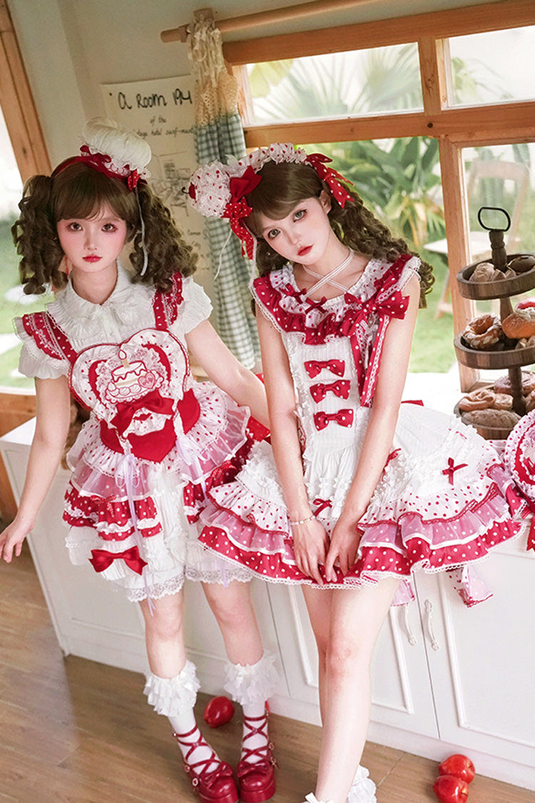 Red/White [Twin Bears] Sleeveless Triple-Layered Print Ruffle Bowknot Lace Sweet Lolita Jsk Dress - Product - 5