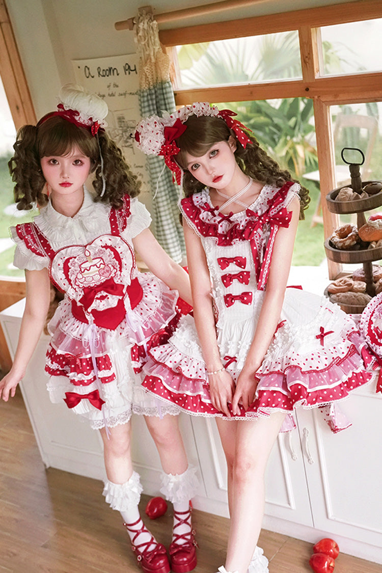 Red/White [Twin Bears] Sleeveless Triple-Layered Print Ruffle Bowknot Lace Sweet Lolita Jsk Dress - Product - 5
