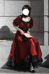 Red Square Collar Short Sleeves Ruffle Bowknot Sweet Regency-Style Vintage Lolita Dress - Product - 5