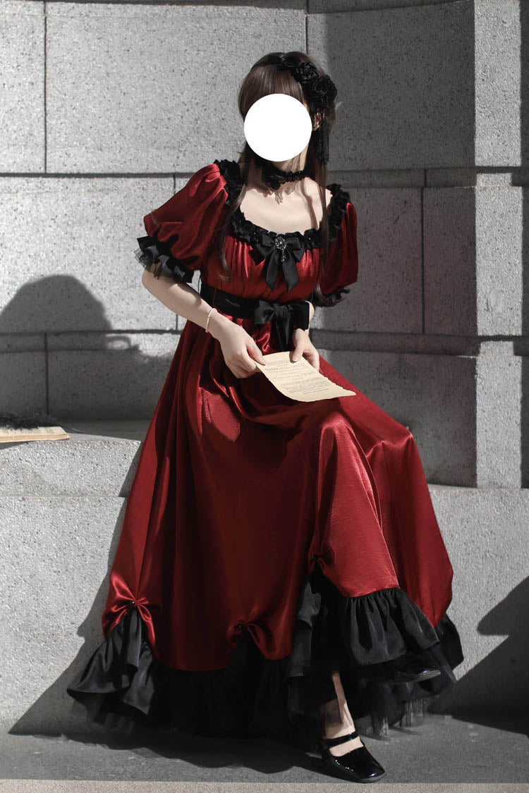 Red Square Collar Short Sleeves Ruffle Bowknot Sweet Regency-Style Vintage Lolita Dress - Product - 5