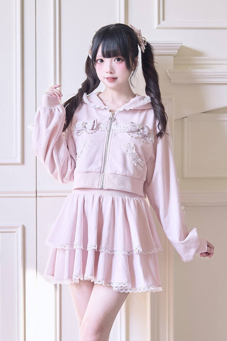Sweet Long Sleeves Bowknot Lace Hooded Jirai Kei Hoodie Skirt Set 3 Colors - Pink - 8