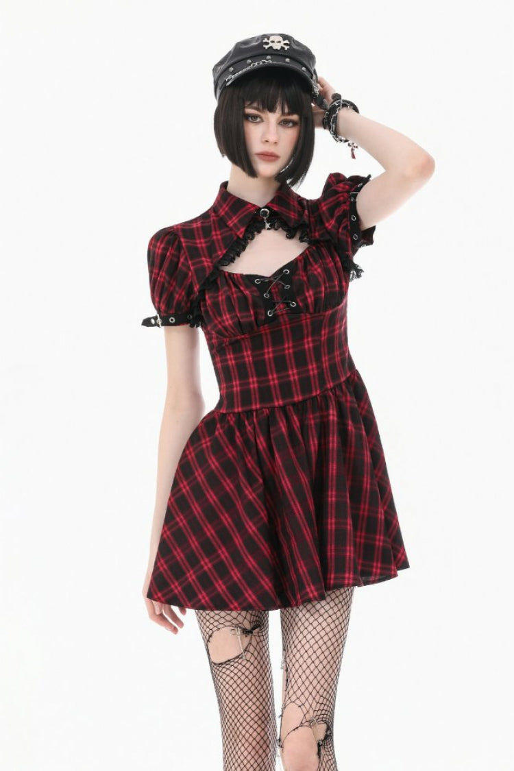 Black/Red Plaid Turn-Down Collar Cut-Out Short Sleeves Lace-Up Women's Punk Retro Mini Dress - Black/Red - 1