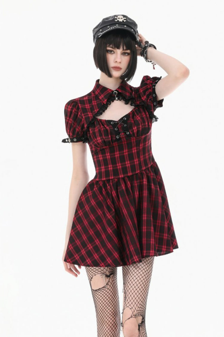 Black/Red Plaid Turn-Down Collar Cut-Out Short Sleeves Lace-Up Women's Punk Retro Mini Dress - Black/Red - 1