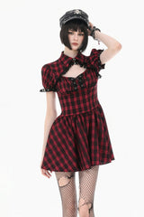 Black/Red Plaid Turn-Down Collar Cut-Out Short Sleeves Lace-Up Women's Punk Retro Mini Dress - Black/Red - 1