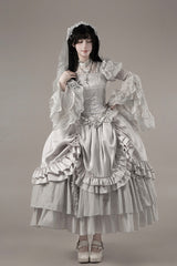 Solid Color [Bionic Doll] Square Collar Multi-Layered Ruffle Bowknot Lace-Up Gothic Lolita Long Skirt Corset Set - Product - 23