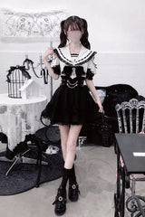 Black/White [Apprentice Witch] Off Shoulder Navy Collar Short Sleeves Ruffled Bow Lace Pearl Detail Classic Jirai Kei Japanese Skirt Set - Product - 4