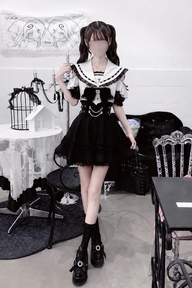 Black/White [Apprentice Witch] Off Shoulder Navy Collar Short Sleeves Ruffled Bow Lace Pearl Detail Classic Jirai Kei Japanese Skirt Set - Product - 4
