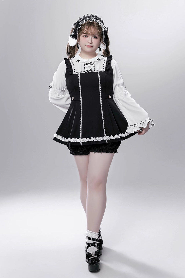Black/White [Showcase Doll] Japanese Maid-Style Long Sleeves Ruffle Bowknot Jirai Kei Japanese Dress Shorts Set with Detachable Apron - Product - 10