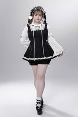 Black/White [Showcase Doll] Japanese Maid-Style Long Sleeves Ruffle Bowknot Jirai Kei Japanese Dress Shorts Set with Detachable Apron - Product - 10