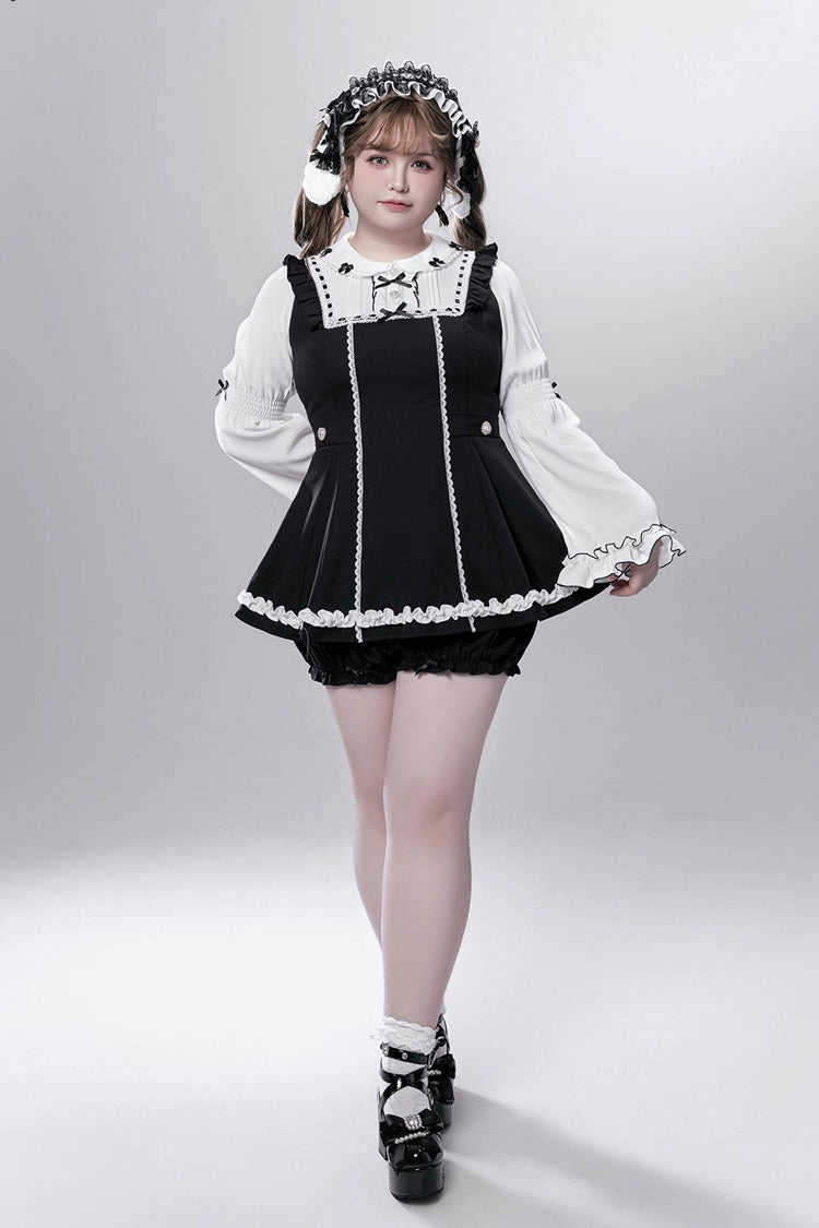 Black/White [Showcase Doll] Japanese Maid-Style Long Sleeves Ruffle Bowknot Jirai Kei Japanese Dress Shorts Set with Detachable Apron - Product - 10