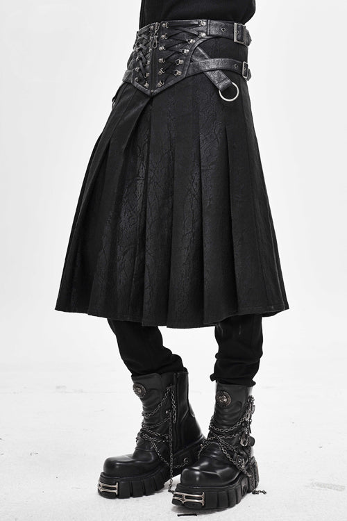 Black Punk Metallic Mist Textured Leather Waistband Grain Pleated Mens Kilts - Product - 2
