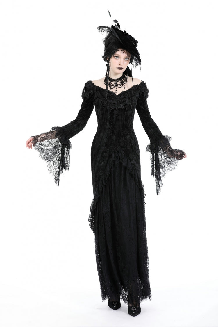 Black Off Shoulder Lace Long Trumpet Sleeves Lace-Up Women's Gothic Bodycon Dress - Product - 8