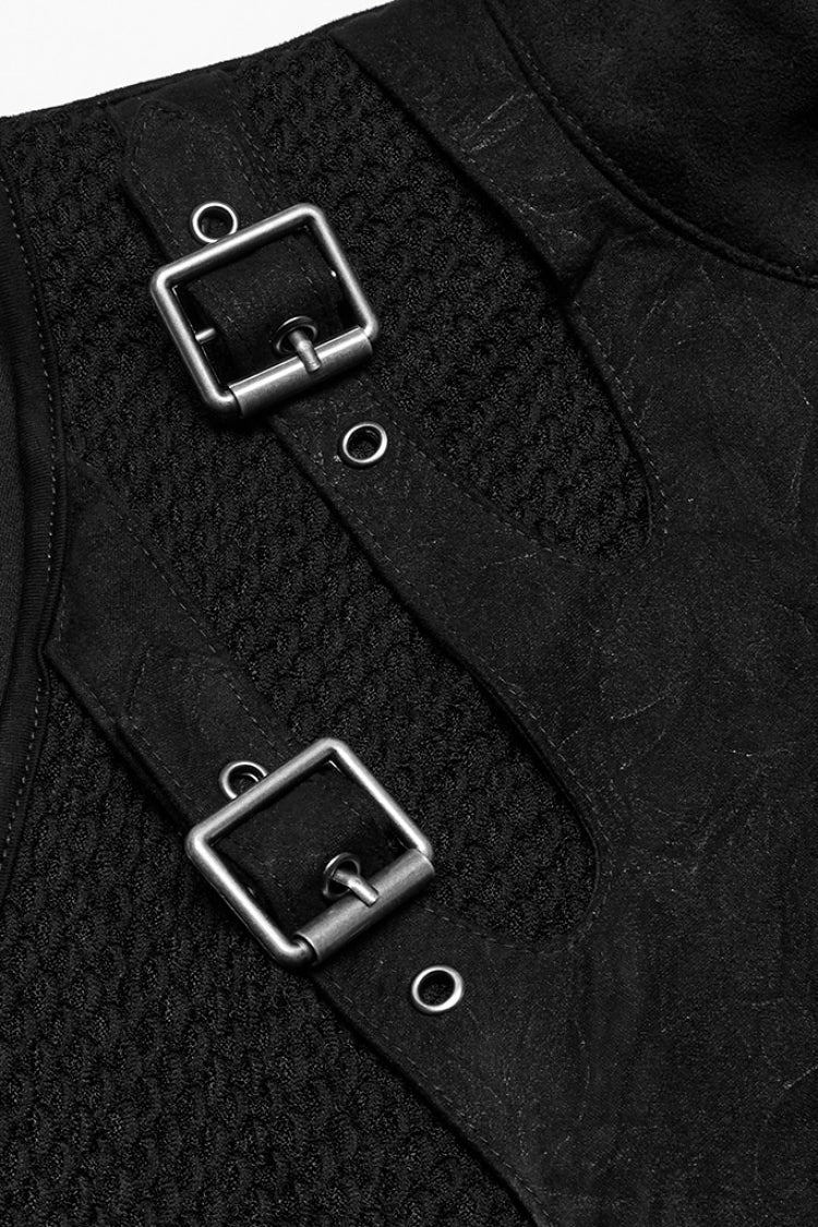 Black Stand Collar Stitching Mesh Buckle Women's Punk Vest - Product - 5
