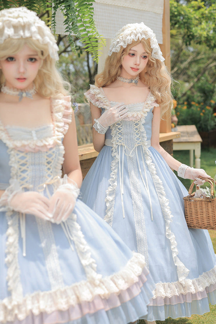 Blue [Island Diary] Square Collar Flutter Sleeves Triple-Layered Ruffled Lace-Up Sweet Lolita Jsk Dress 2 Versions - Product - 8