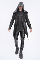 Black Irregular Eyelet Men's Gothic Jacket With Hood - Product - 2