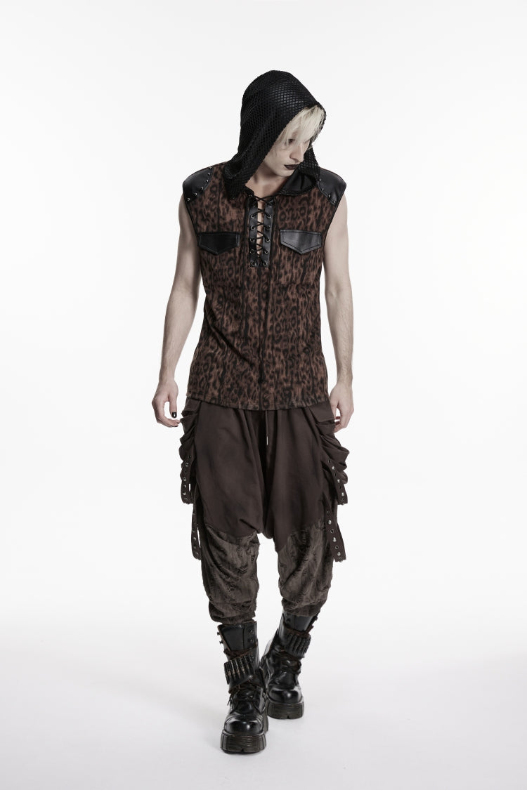Black/Coffee  Sleeveless Spliced Lace-Up Hooded Mesh Pearl-Decorated Eyelet Men's Punk T-Shirt - Product - 7