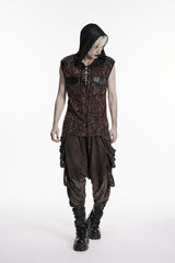 Black/Coffee  Sleeveless Spliced Lace-Up Hooded Mesh Pearl-Decorated Eyelet Men's Punk T-Shirt - Product - 7