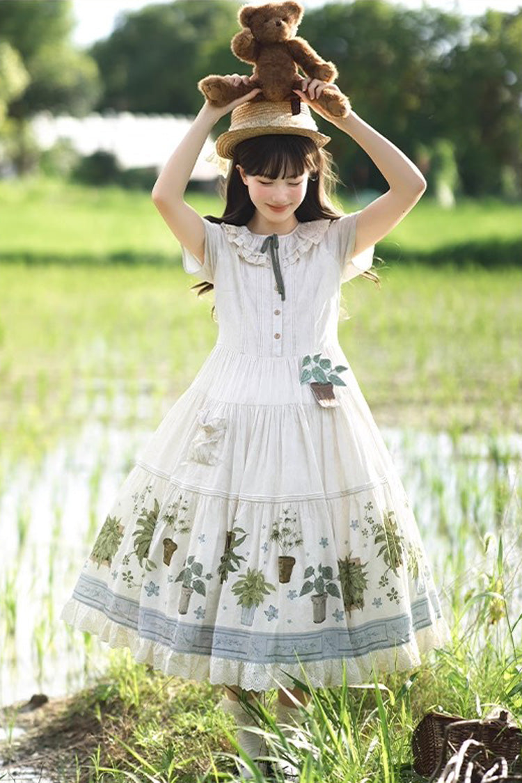 Ivory [Potted Plant] Short Sleeves Print Ruffle Sweet Lolita Dress - Product - 7