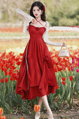Red Sleeveless Double-Layered Ruffled Rose Classic Lolita Jsk Dress - Product - 8