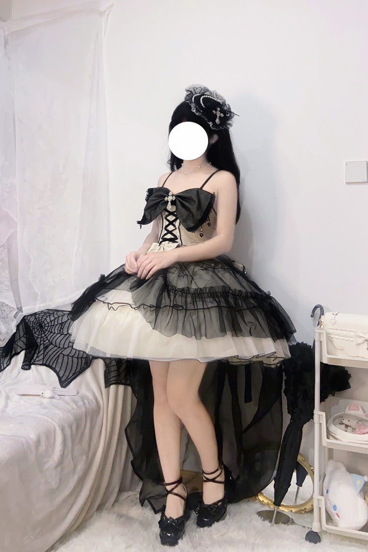 Black/White Ruffle Hanayome Lace Lace-Up Gothic Plus Size Lolita Jsk Dress (Short Version) - Product - 8