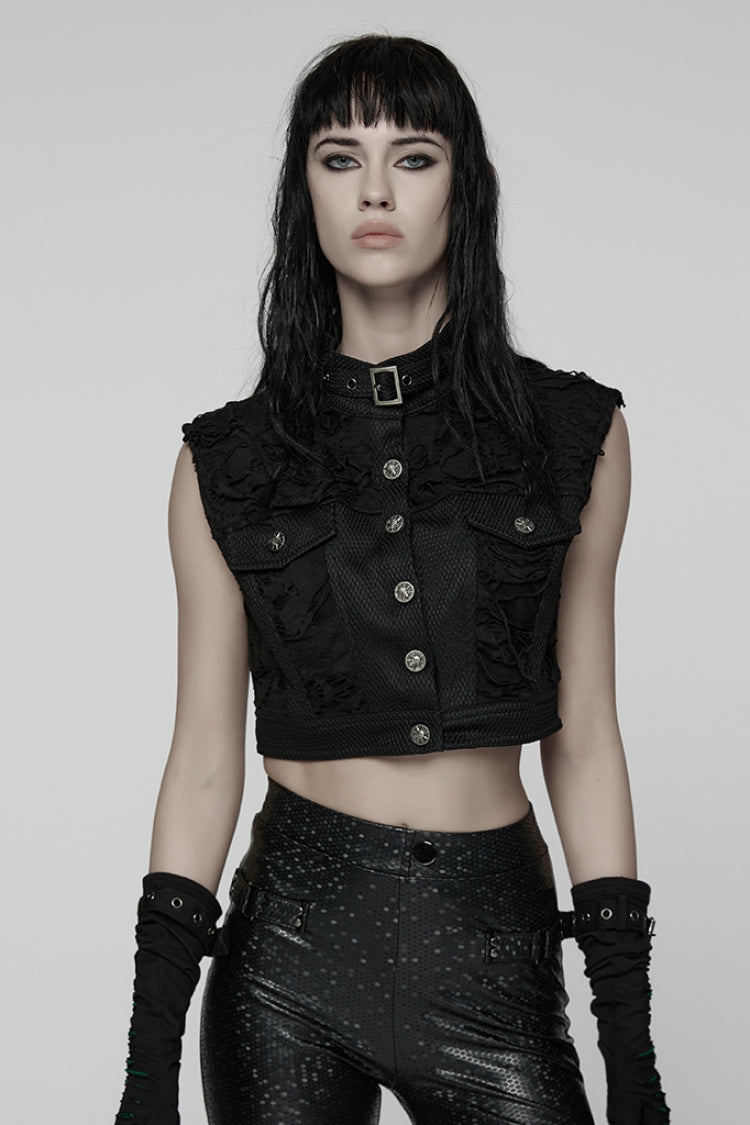 Black Stand Collar Sleeveless Ripped Buckle Women's Punk Short Vest - Black - 1