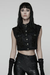 Black Stand Collar Sleeveless Ripped Buckle Women's Punk Short Vest - Black - 1