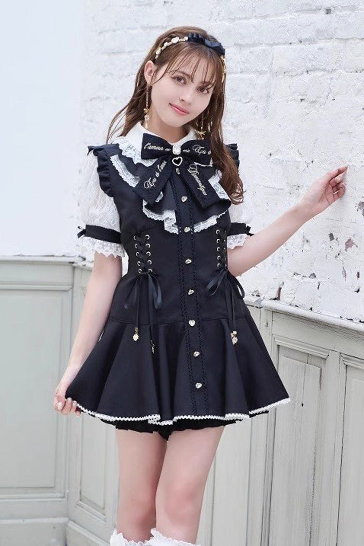 Black Japanese Diamond Buckle Heart Bow Lace Sweet Jirai Kei Dress Fake Two-piece Set - Black - 1