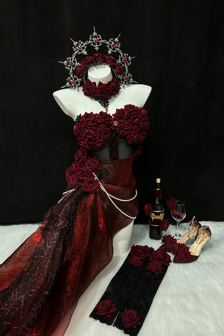 Red [Madame Red] Rose Off Shoulder Sleeveless Jacquard Pearl Detail Gothic Lolita Dress - Product - 8