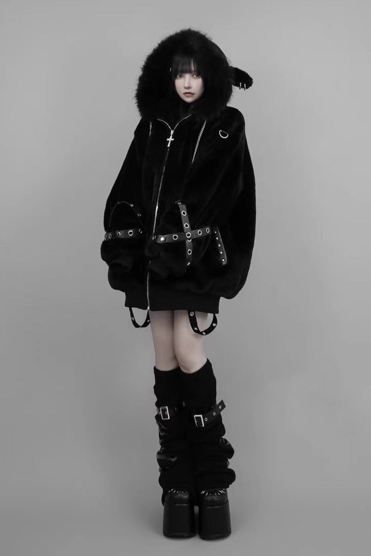 Black Long Sleeves Lamb Ears Hooded Rivet Punk Japanese Jirai Kei Coat - Product - 2
