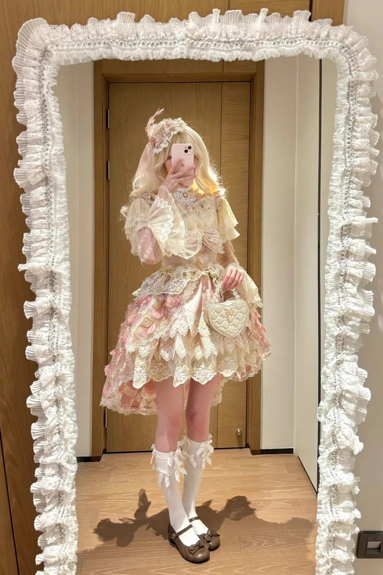 Pink [Peacock Feather] Multi-Layered Ruffle Hanayome Cardigan Bowknot Lace Sweet Lolita Jsk Dress Set - Product - 12