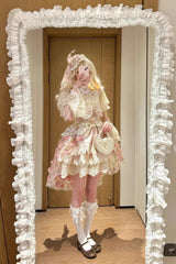 Pink [Peacock Feather] Multi-Layered Ruffle Hanayome Cardigan Bowknot Lace Sweet Lolita Jsk Dress Set - Product - 12