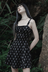 Black/Grey Heart Print Pattern Suspender Hollow Mesh Metal PU Buckle Bow Design Sleeveless Women's Punk Dress - Product - 2
