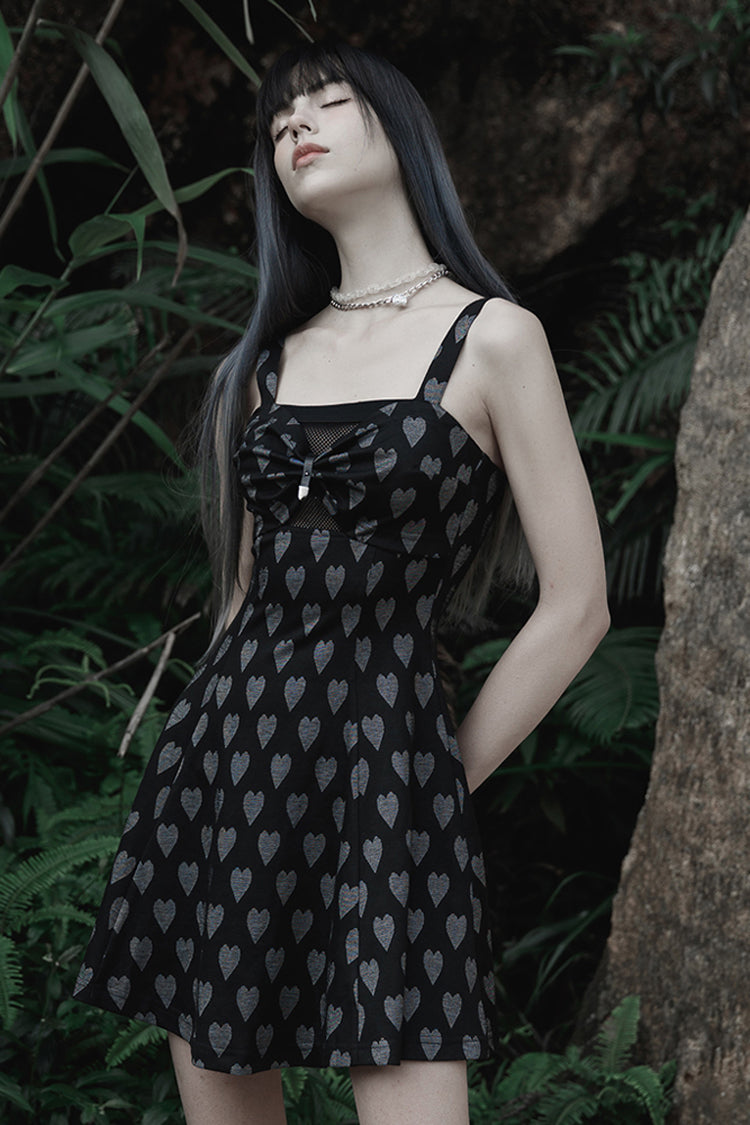 Black/Grey Heart Print Pattern Suspender Hollow Mesh Metal PU Buckle Bow Design Sleeveless Women's Punk Dress - Product - 2