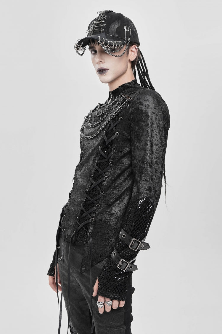 Black Stitching Lace-Up Mesh Chain Men's Punk Blouse - Product - 11