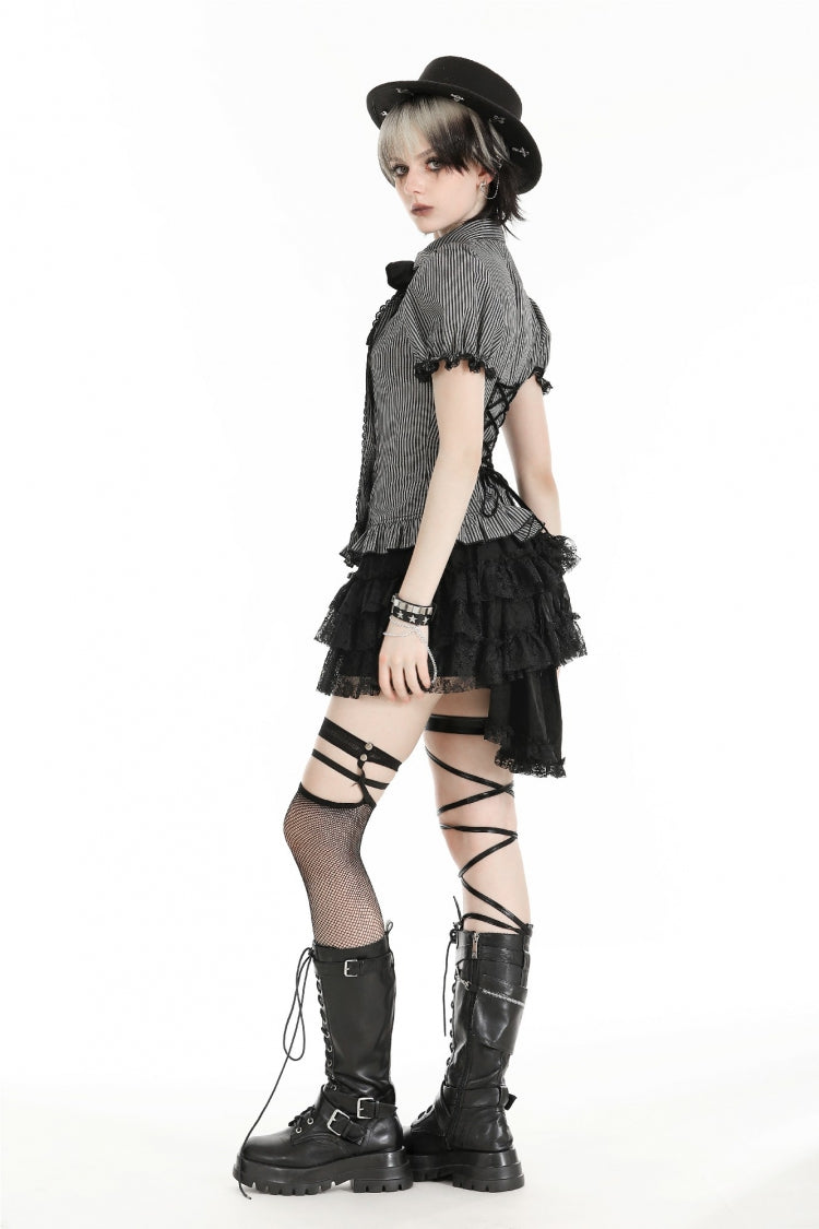 Black Multi-Layered Lace Women's Gothic Puffy Skirt with Detachable Swallow Tail - Product - 2