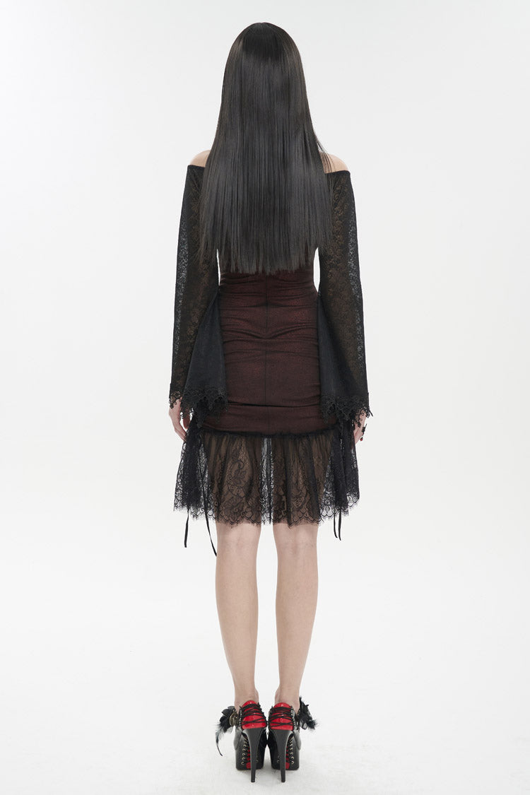 Red Elastic Texture One-Shoulder Hem Splicing Lace Bell Sleeve Women's Gothic Dress - Product - 6
