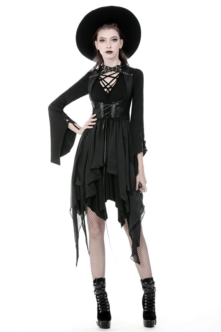 Black Chiffon Sleeveless Cut-Out Chest Irregular Hem Lace-Up Buckled Women's Punk Jacket - Product - 8
