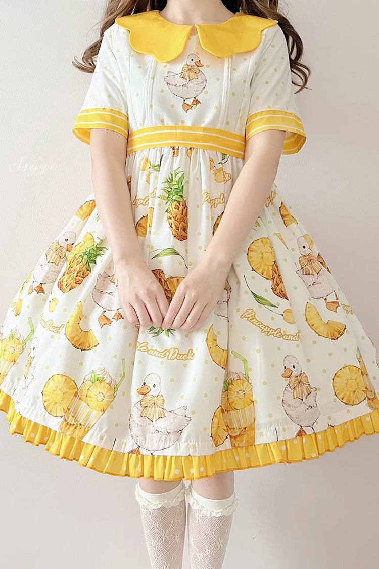 White/Yellow Short Sleeves Duck Print Bowknot Sweet Lolita OP Dress - Product - 3