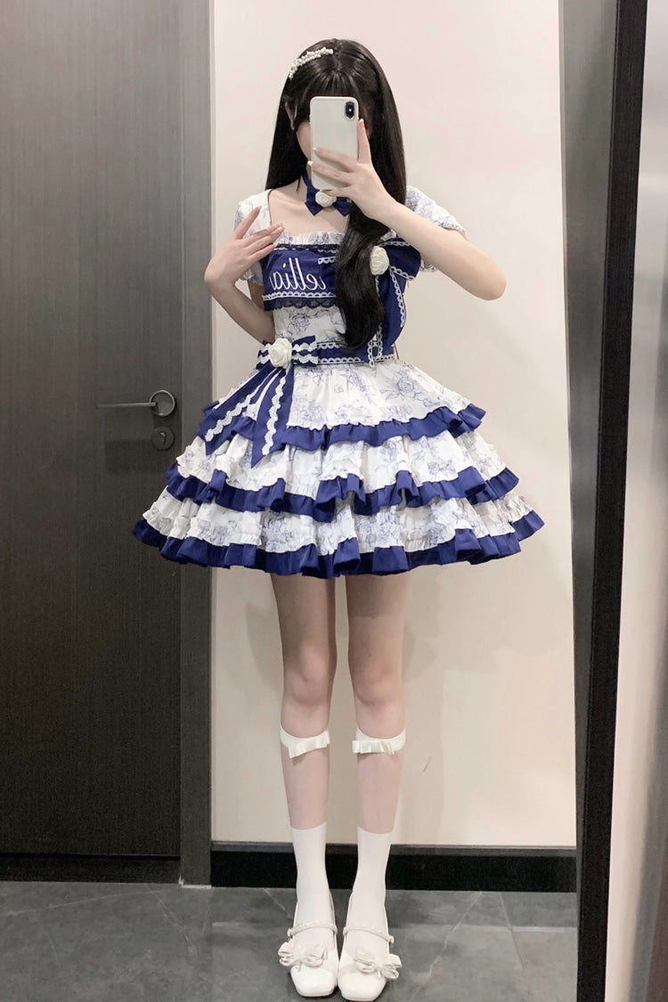 Blue/White Porcelain Print Multi-layer Ruffle Embroidery Bowknot Sweet Lolita Dress - Product - 7